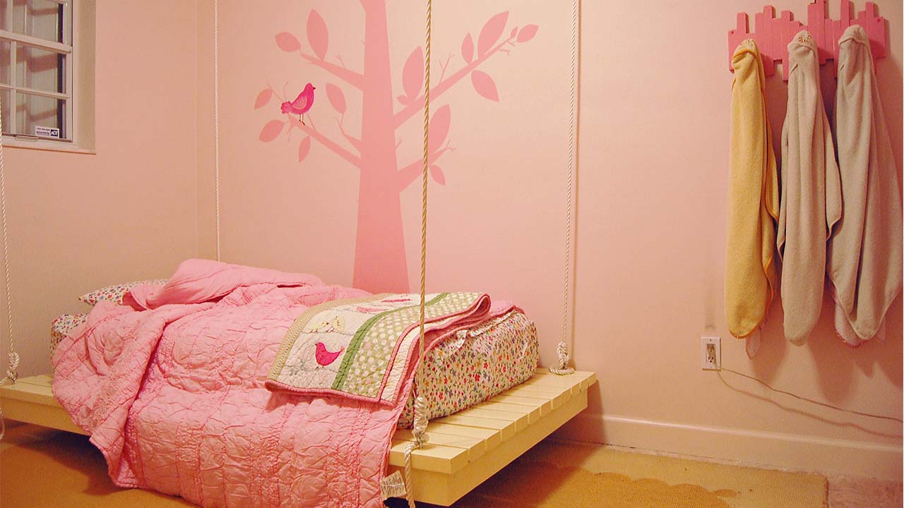 Hanging Bed for Girl with Pink Interior Design