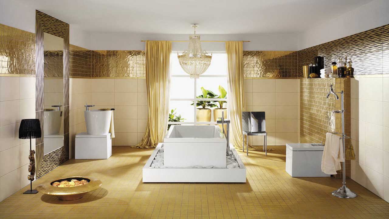 Idea for modern bathroom sets with brown tiles